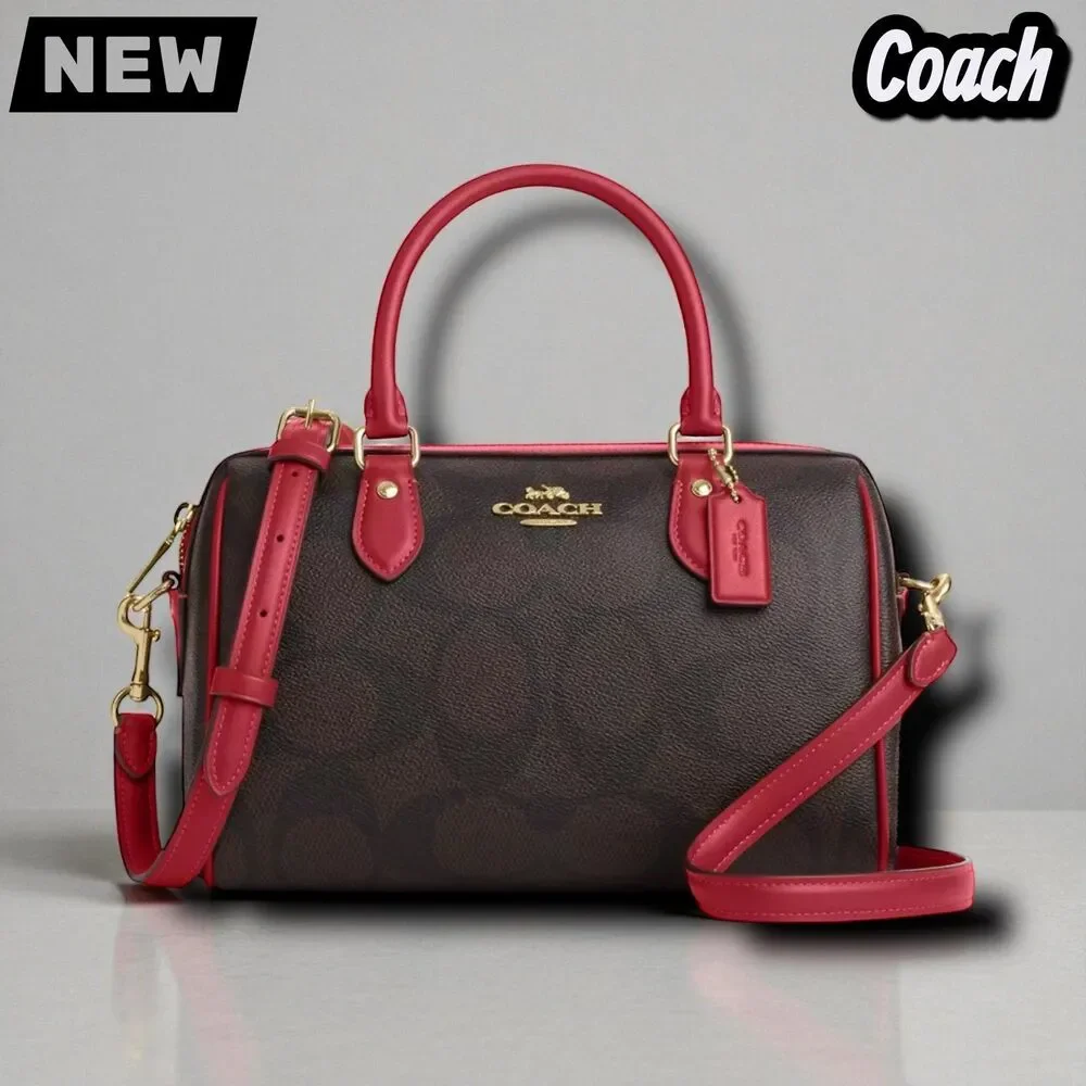🔴Coach Rowan Satchel Bag in Maxi Signature Canvas – Gold/Red Trim